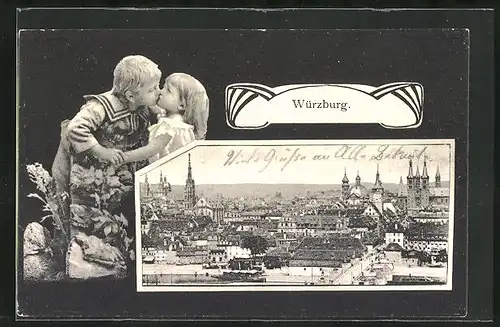 AK Würzburg, Teilansicht, Kinderpaar küsst sich
