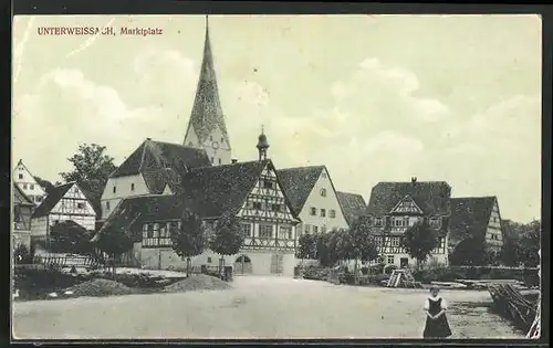 AK Unterweissach, Marktplatz mit Kirchturm