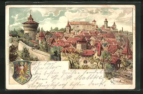 Präge-Lithographie Nürnberg, Gesamtansicht vom Hallerthor, mit Wappen
