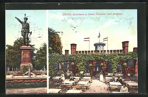 AK Görlitz, Gasthof Blockhaus und Prinz Friedrich Carl Denkmal