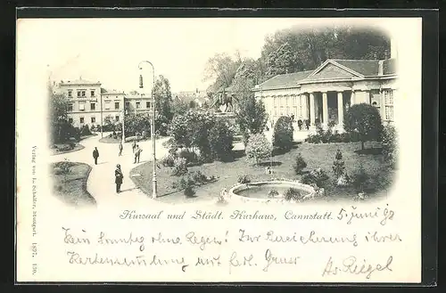 AK Cannstatt, Kursaal und Städt. Kurhaus mit Brunnen