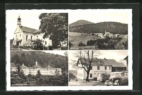 AK Greising, Gasthaus Georg Geiss, Sanatorium Hausstein, Kirche