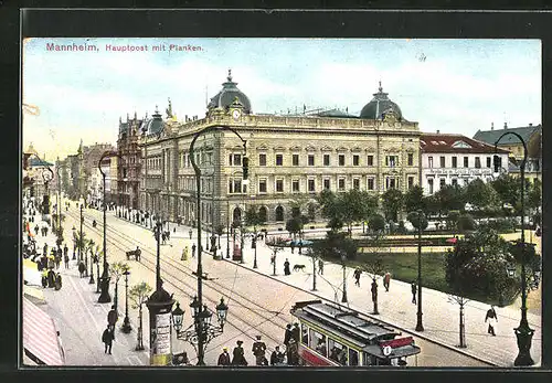 AK Mannheim, Hauptpost mit Planken, Strassenbahn