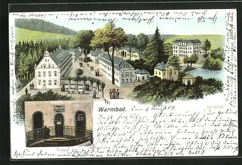 Lithographie Warmbad, Brunnen, Ortsansicht