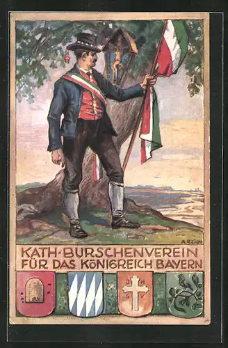 Künstler-AK Kath. Burschenverein für das Königreich Bayern, Bursche mit Fahne und Schärpe