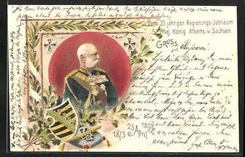 Lithographie 25 jähriges Regierungs-Jubiläum des Königs Albert von Sachsen 1898
