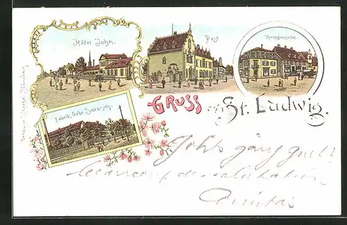 Lithographie St. Ludwig, Fabrik Gebr. Sarasin, Hotel John, Post, Kreuzstrassecke
