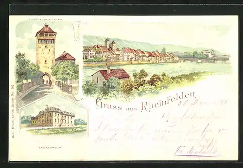 Lithographie Rheinfelden, Gesamtansicht, Storchennestturm & Sanatorium
