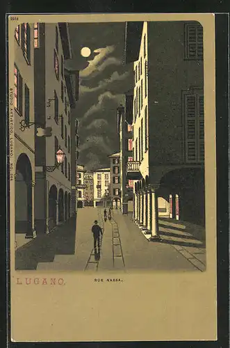 Mondschein-Lithographie Lugano, Rue Nassa bei Beleuchtung