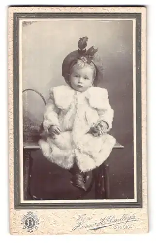 Fotografie Horace H. Dudley, Stoke, 16. Liverpool Road, Portrait kleines Mädchen im Mantel mit Hut