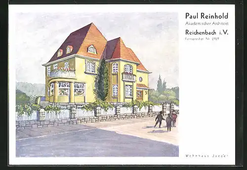 Künstler-AK Reichenbach i.V., Ansicht des Hauses Jaeger mit Spaziergängern