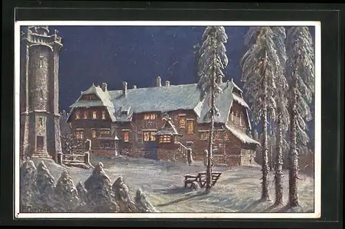 AK Auersberg, Gasthaus & Turm im Winter
