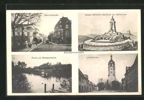 AK Sangerhausen, Bahnhofstrasse, Kaiser Wilhelm Denkmal & Jacobikirche