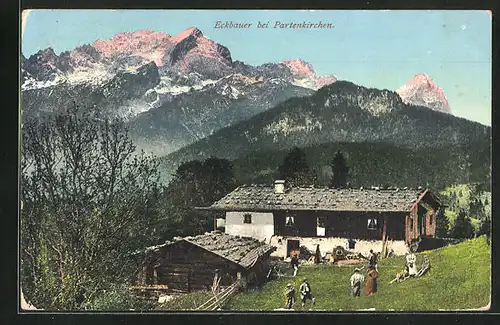 AK Partenkirchen, Gasthaus Eckbauer mit abendroten Bergen