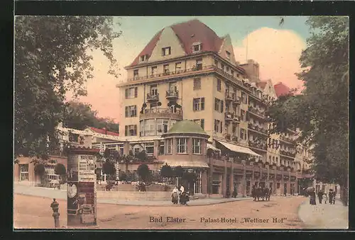 AK Bad Elster, Palast-Hotel Wettiner Hof, Litfasssäule