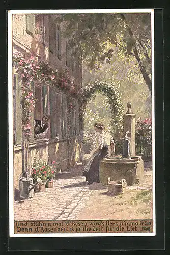 Künstler-AK Paul Hey: Volksliederkarte Nr.: 48, Und blühn a mal d Rosen, Frau an Brunnen