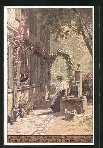 Künstler-AK Paul Hey: Volksliederkarte Nr.: 48, Und blühn a mal d Rosen, Frau sitzt am Brunnen