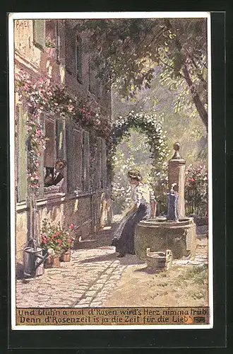 Künstler-AK Paul Hey: Volksliederkarte Nr.: 48, Und blühn a mal d Rosen, Frau und Mann am Fenster