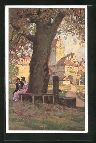 Künstler-AK Paul Hey: Volksliederkarte Nr.: 29, Am Brunnen vor dem Tore, Mann & Frau am Brunnen