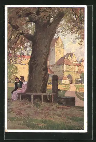 Künstler-AK Paul Hey: Volksliederkarte Nr.: 29, Am Brunnen vor dem Tore, Paar sitzt am Brunnen