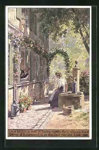 Künstler-AK Paul Hey: Volksliederkarte Nr.: 48, und blühn a mal d Rosen, Frau mit Kanne am Brunnen