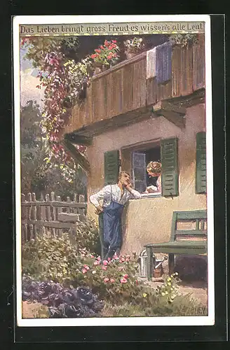 Künstler-AK Paul Hey: Volksliederkarte Nr.: 75, Mann schaut Frau beim abwasch zu