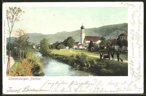AK Oberammergau, Ortsansicht mit Bach