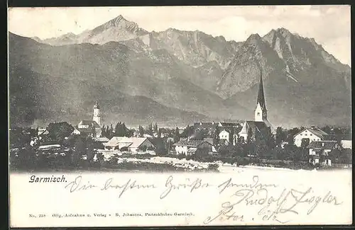 AK Garmisch, Blick über den Ort aufs Gebirge