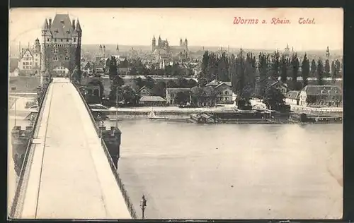 AK Worms a. Rhein, Totalansicht mit Rheinbrücke