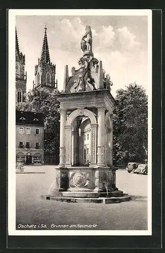 AK Oschatz i. Sa., Brunnen am Neumarkt