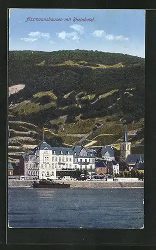 AK Assmannshausen a. Rhein, Blick auf das Hotel mit Rhein