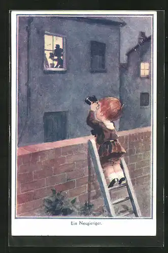 AK Ein Neugieriger, Junge mit Fernglas beobachtet Mädchen am Fenster