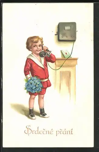 AK Kleiner Junge mit Blumenstrauss am Telefon, Glückwunsch