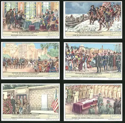 6 Sammelbilder Liebig, Serie Nr. 1659: Histoire des Etats-Unis d`Amerique, Missouri, Lincoln, Richmond, Mexico