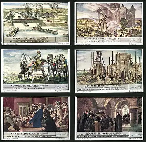 6 Sammelbilder Liebig, Serie Nr. 1526: L`Histoire des nos Provinces Limbourg, Gericht, Burg, Schlacht