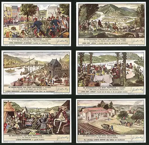 6 Sammelbilder Liebig, Serie Nr. 1550: De Geschiedenis van Onze Provincies Namen, Phikippeville, Schiffe, Acker, Bauern