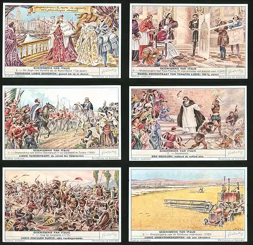 6 Sammelbilder Liebig, Serie Nr. 1701: Geschiedenis van Italie, Slag bij Legnano, Savonarola, Viktor-Emmanuel II.