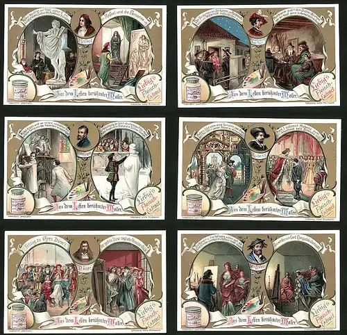 6 Sammelbilder Liebig, Serie Nr. 771: Aus dem Leben berühmter Maler, Hans Holbein, Düren, Rubens, Michel Angela, Rafael