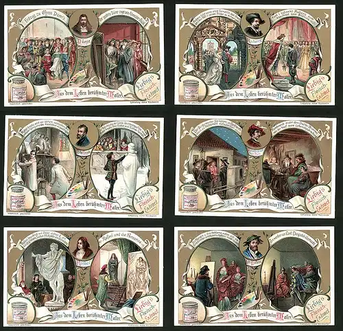6 Sammelbilder Liebig, Serie Nr. 771: Aus dem Leben berühmter Maler, Rafael, Rembrand van Ryan, Michel Angela, Rubens