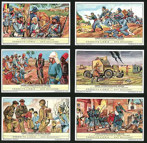 6 Sammelbilder Liebig, Serie Nr. 1773: Corps Expeditionnaires Belges, Mexique, Maximilien, Bataillon, Russie, Krieg