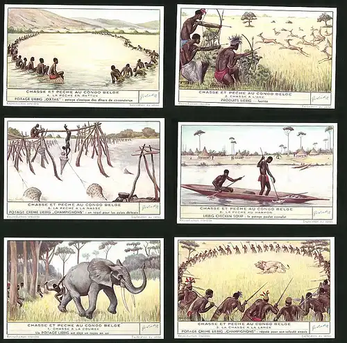 6 Sammelbilder Liebig, Serie Nr. 1534: Chasse et Peche au Congo Belge, Elefant, Harpon, Pfeil, Bogen, Fischen