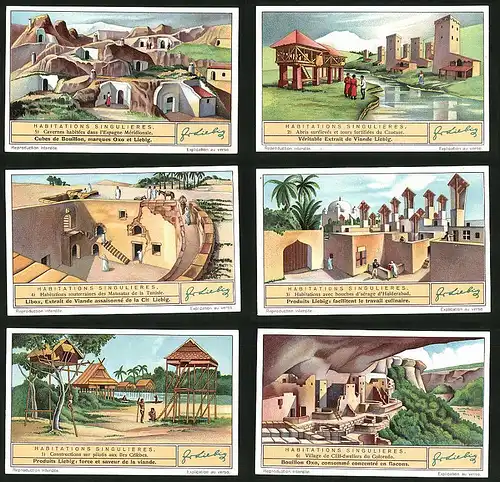 6 Sammelbilder Liebig, Serie Nr. 1348: Habitations Singulieres, Colorado, Tunisie, Méridonale, Fluss
