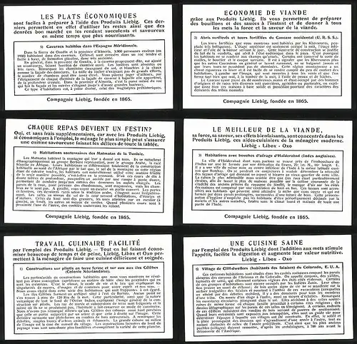 6 Sammelbilder Liebig, Serie Nr. 1348: Habitations Singulieres, Colorado, Tunisie, Méridonale, Fluss