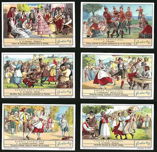 6 Sammelbilder Liebig, Serie Nr. 1333: Danses Populaires, La Czardas, La Tarentelle napolitaine, Le Schuhplattler
