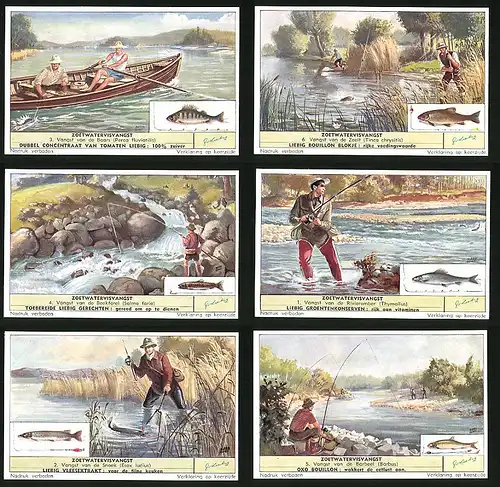 6 Sammelbilder Liebig, Serie Nr. 1623: Zoetwatervisvangst, Angler, Barsch, Thymallus, Salmo fario, Tinca chrysitis