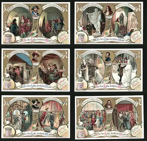 6 Sammelbilder Liebig, Serie Nr. 771: Aus dem Leben berühmter Maler, Düren, Rubens, Michel Angela, Rafael, Hans Holbein