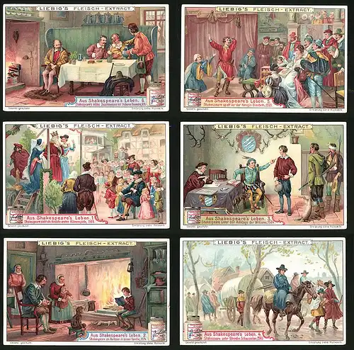 6 Sammelbilder Liebig, Serie Nr. 865: Aus Shakespeare`s Leben, Schauspieler, Familiem Wilderei, Bühnenspiele, Elisabeth