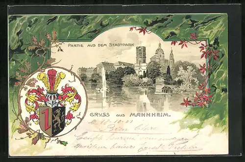 Passepartout-Lithographie Mannheim, Partie aus dem Stadtpark, Wappen