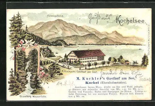 Lithographie Kochel am See, M. Kuchler`s Gasthaus am See, Herzogstand