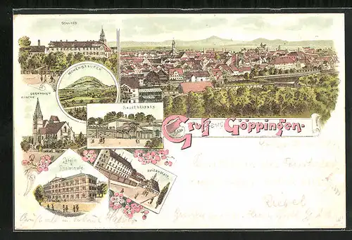 Lithographie Göppingen, Sauerbrunnen, Latein & Realschule, Schloss